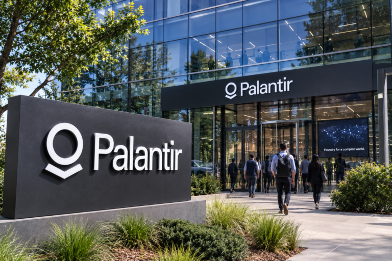Palantir stock reverses after hitting key resistance: is it a good buy? Palantir office exterior with the company’s name displayed prominently on a modern corporate building.